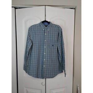 Chaps Mens Medium Blue Yellow Gingham Longsleeve Button Up Easy Care Preppy